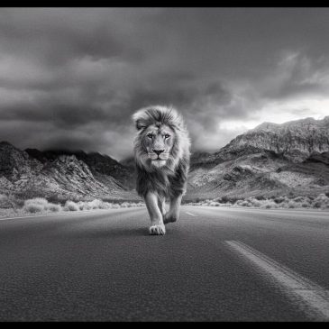 Décoration murale en noir et blanc représentant un lion puissant