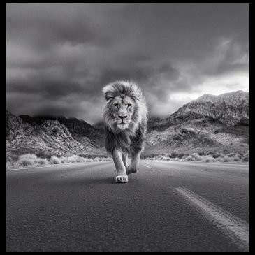 Décoration murale en noir et blanc représentant un lion puissant
