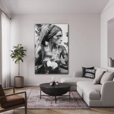 Black and white artwork: woman with butterflies