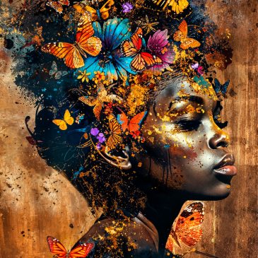 Wall art of a beautiful African woman with butterflies