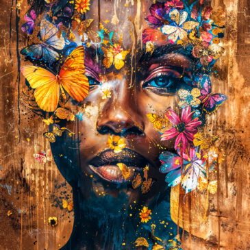 Wall art of African woman with butterflies.