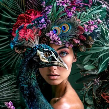 Portrait coloré d'une belle femme avec un paon