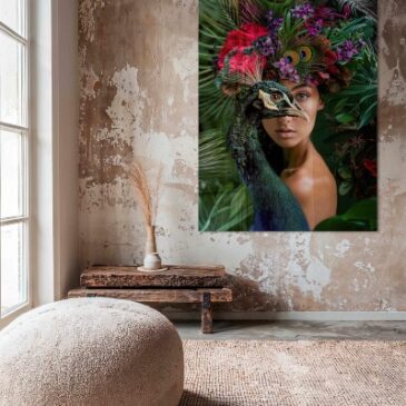 Portrait coloré d'une belle femme avec un paon