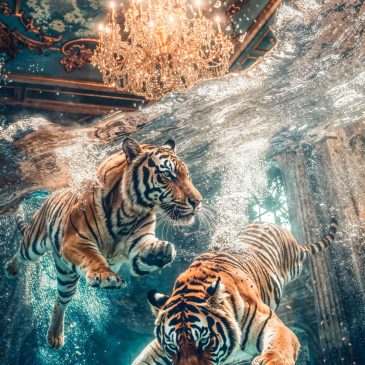 Photographie artistique de tigres nageurs