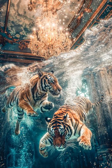 Photographie artistique de tigres nageurs