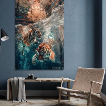 Photographie artistique de tigres nageurs