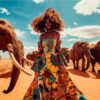 Wall art of a beautiful African woman with elephants