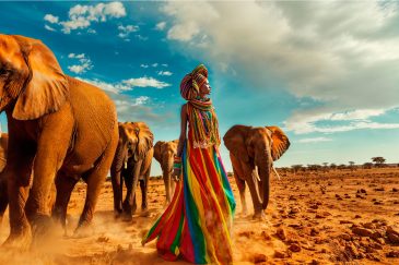 Photo artistique d'une belle femme africaine et d'un éléphant