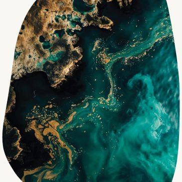Abstract marmer schilderij gold teal organic shape met goud en turquoise luxe wanddecoratie