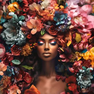 Retrato expresivo de una mujer con flores como una pintura colorida