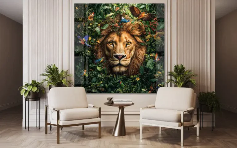 Plexiglass wall decoration in the living room with intense colors and depth for wall art with a modern, stylish look