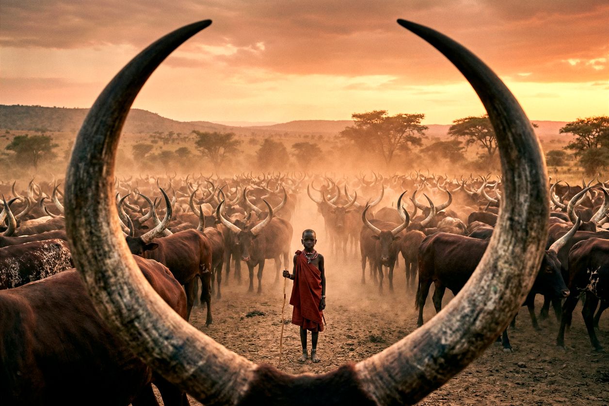 Gemälde der Ankole-Savanne mit Elefant in der afrikanischen Savanne bei Sonnenuntergang, warme Erdtöne