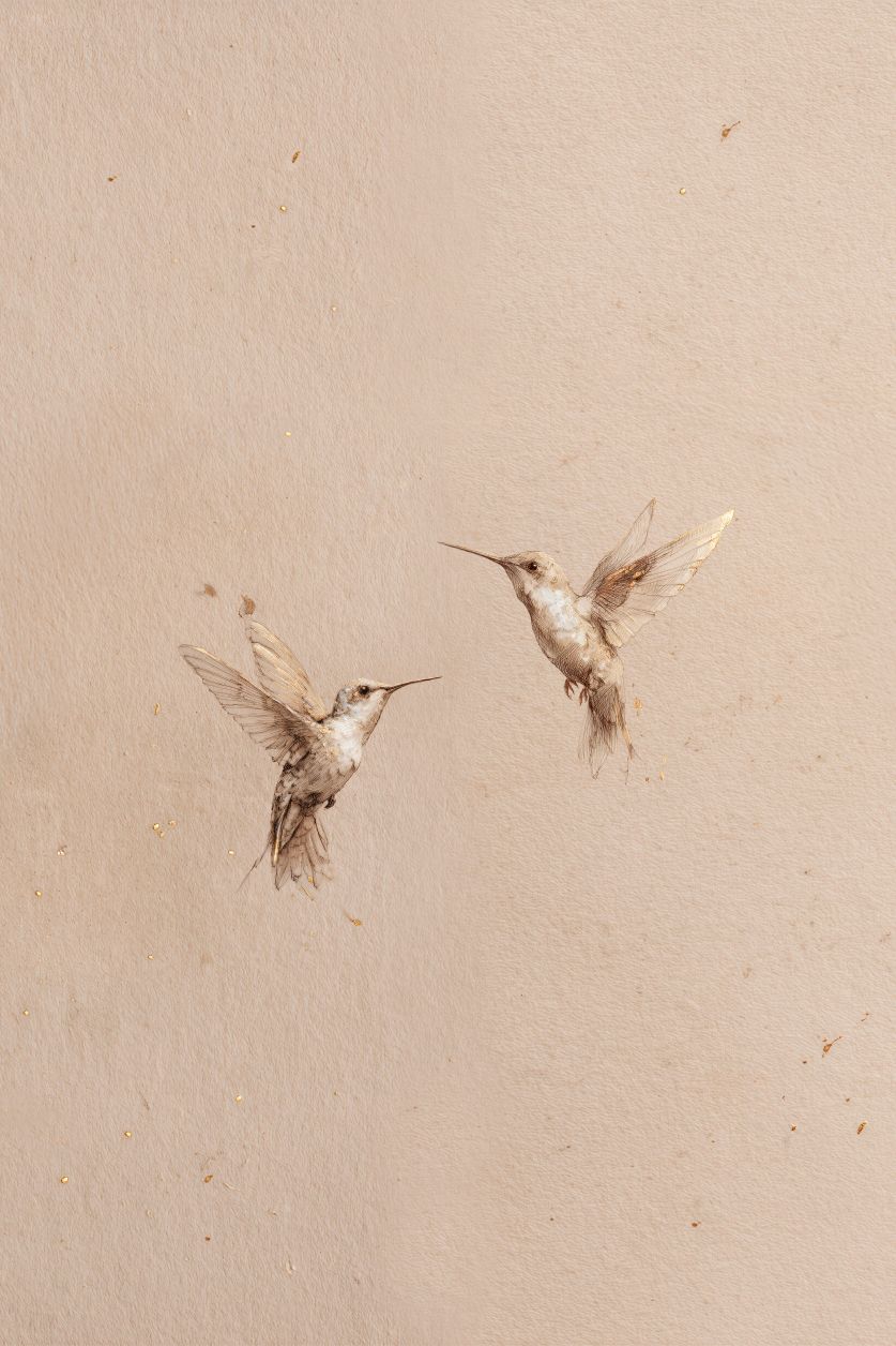 Colibri doré, tableau minimaliste d'oiseau de style Japandi