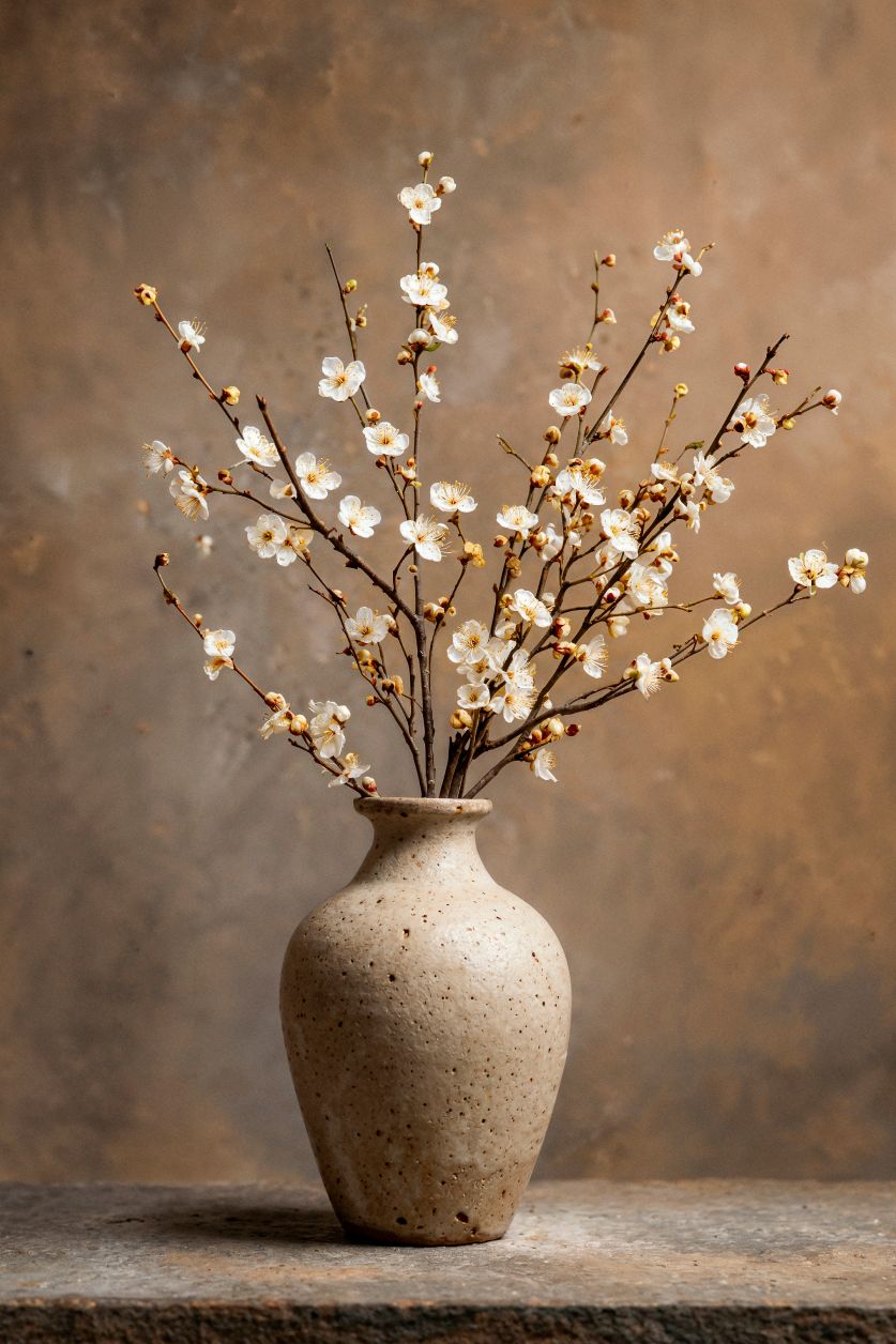 Still Blossom Japandi bloemen stilleven schilderij in zachte beige tinten