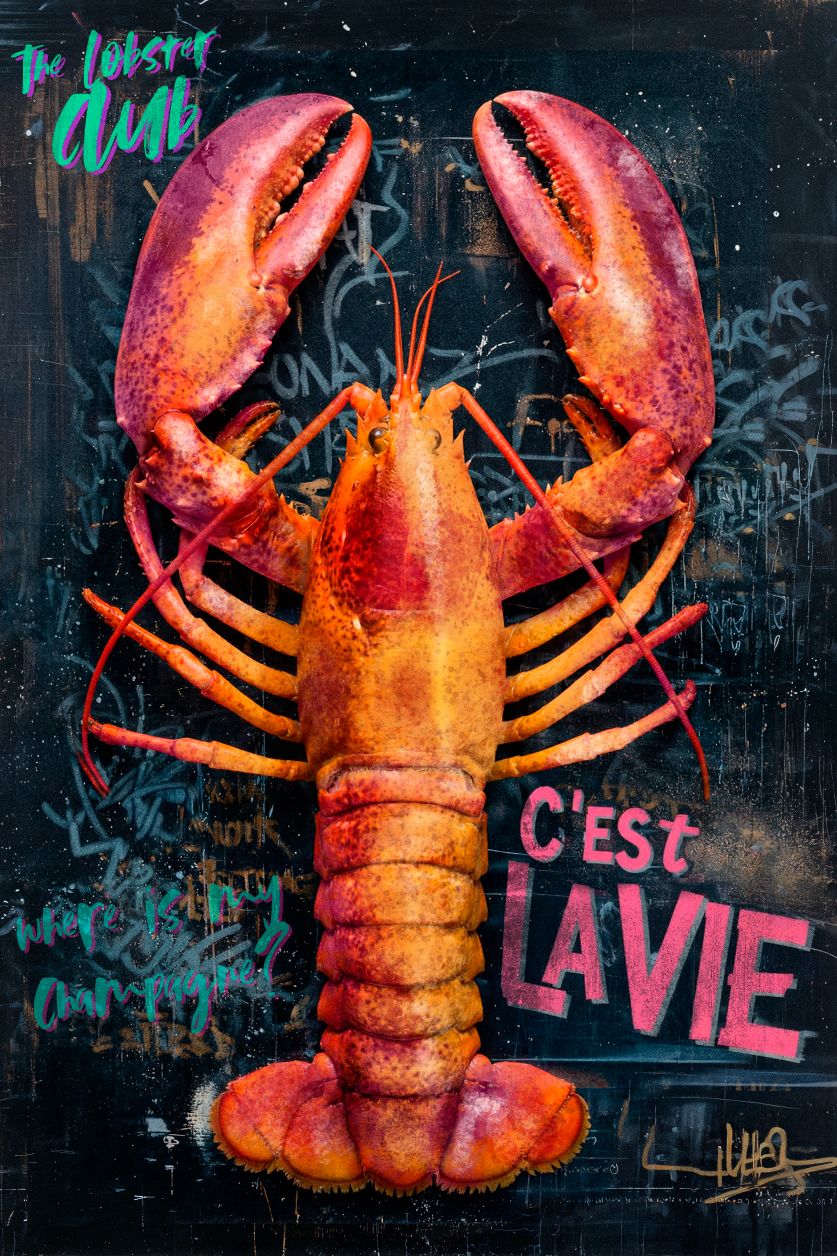 Le Lobster Club, une tableau de homard colorée de style pop art avec typographie