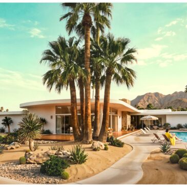 Mid century modern fotokunst met luxe villa en palmbomen