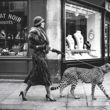 Zwart-wit wanddecoratie van elegante vrouw die een cheeta uitlaat in vintage Parijse straat