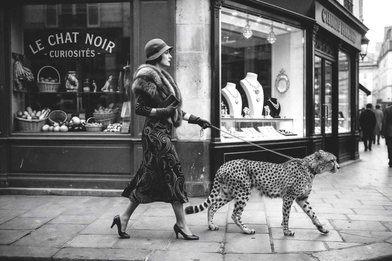 Zwart-wit wanddecoratie van elegante vrouw die een cheeta uitlaat in vintage Parijse straat