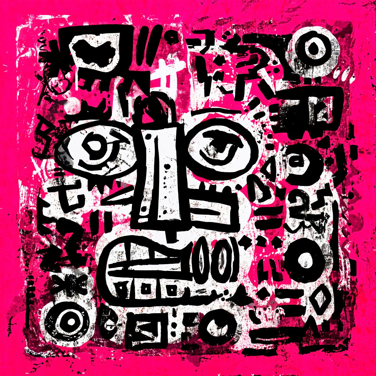 Abstracte graffiti wanddecoratie met primitief gezicht in zwart wit en felroze tinten