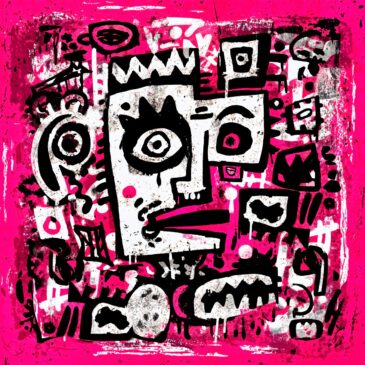 Abstracte pop art wanddecoratie met grafisch gezicht in zwart wit en roze kleuren