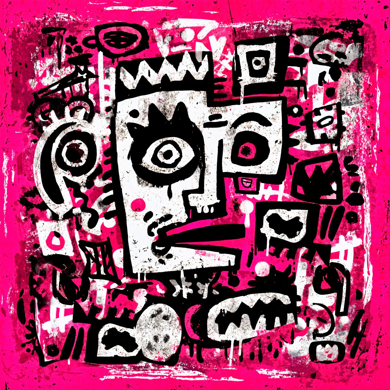 Abstracte pop art wanddecoratie met grafisch gezicht in zwart wit en roze kleuren