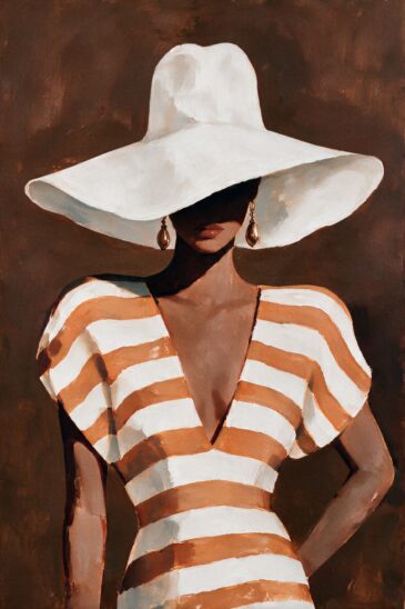 Middag in de Riviera – geschilderd vrouwenportret van een elegante vrouw met witte hoed en oranje-witte jurk