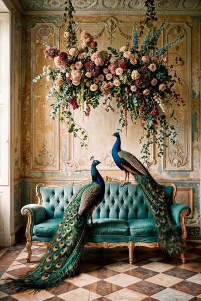 Abandoned Peacocks schilderij met pauwen in klassiek interieur luxe wanddecoratie met warme tinten