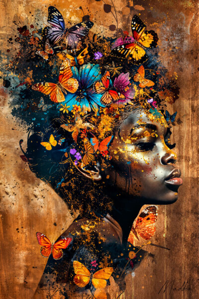 Wall art of beautiful African woman with butterflies