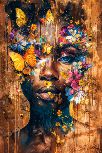 Wall art of African woman with butterflies.