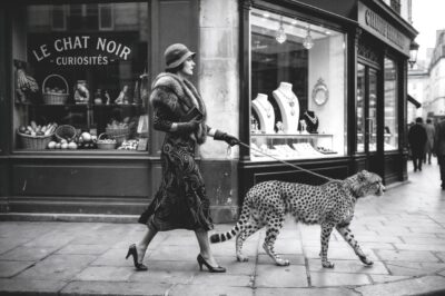 Zwart-wit wanddecoratie van elegante vrouw die een cheeta uitlaat in vintage Parijse straat