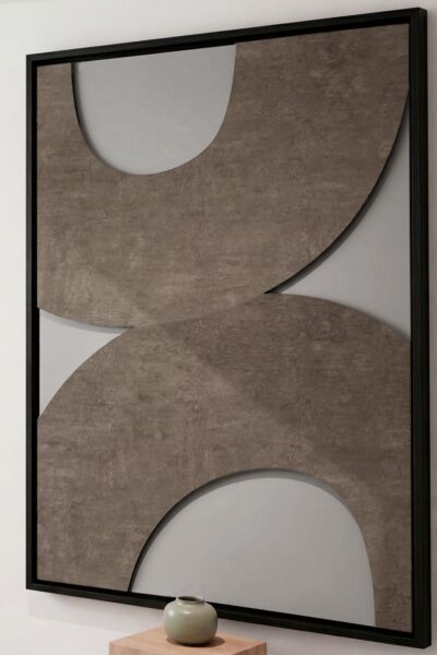 Minimalistische 3D wanddecoratie met organische vormen in taupe en beige tinten