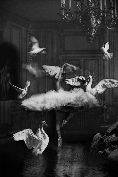 Unique artistic black and white artwork of a ballerina