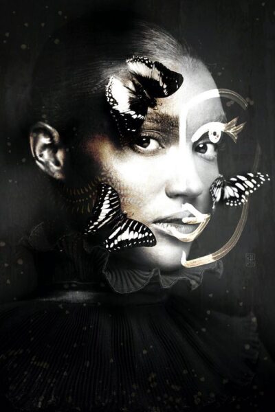 Black and white photo portrait of woman with butterflies