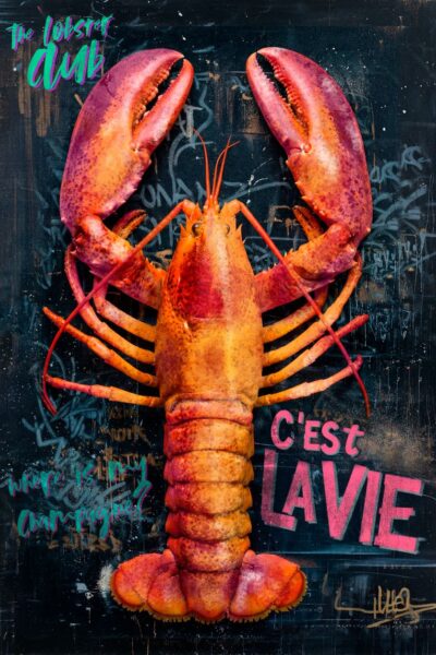 The Lobster Club kleurrijk kreeft schilderij pop art stijl met typografie