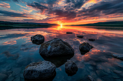 Artwork with a beautiful sunset at a lake