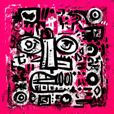 Abstracte graffiti wanddecoratie met primitief gezicht in zwart wit en felroze tinten