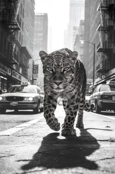 Urban Leopard zwart wit luipaard schilderij in stedelijke omgeving moderne dierenkunst