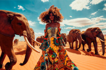 Arte de pared de la hermosa mujer africana con elefantes