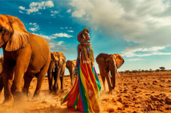 Foto de arte de la hermosa mujer africana y elefante