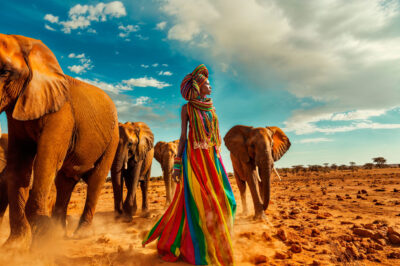 Foto de arte de la hermosa mujer africana y elefante
