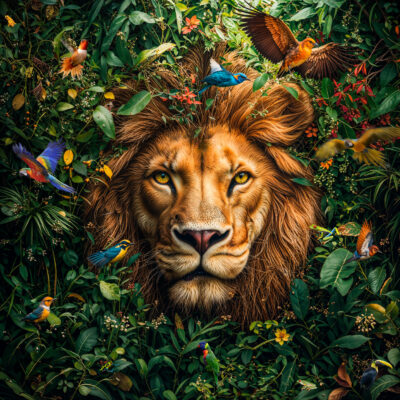 Pintura colorida de león en la naturaleza